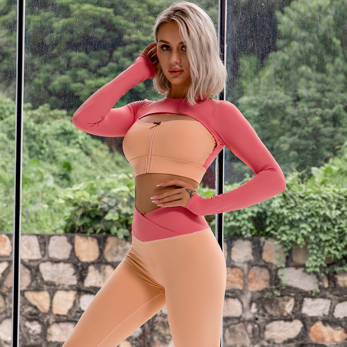 2 Pieces Seamless Yoga Set Sexy Zipper Long Sleeve High Waist Leggings Workout Clothes For Women Sportwear Gym Fitness Sport Set