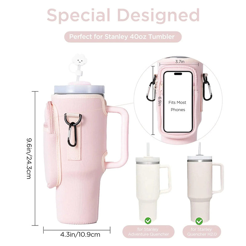 Water Bottle Carrier Bag with Phone Pocket for Stanley 40oz Tumbler with Handle Neoprene Water Bottle Holder Pouch