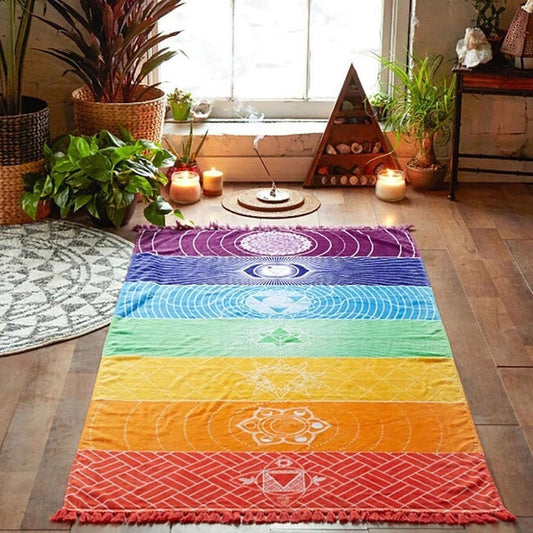 Polyester Bohemia Wall Hanging India Mandala Blanket 7Chakra Colored Tapestry Rainbow Stripes Beach Yoga Mat